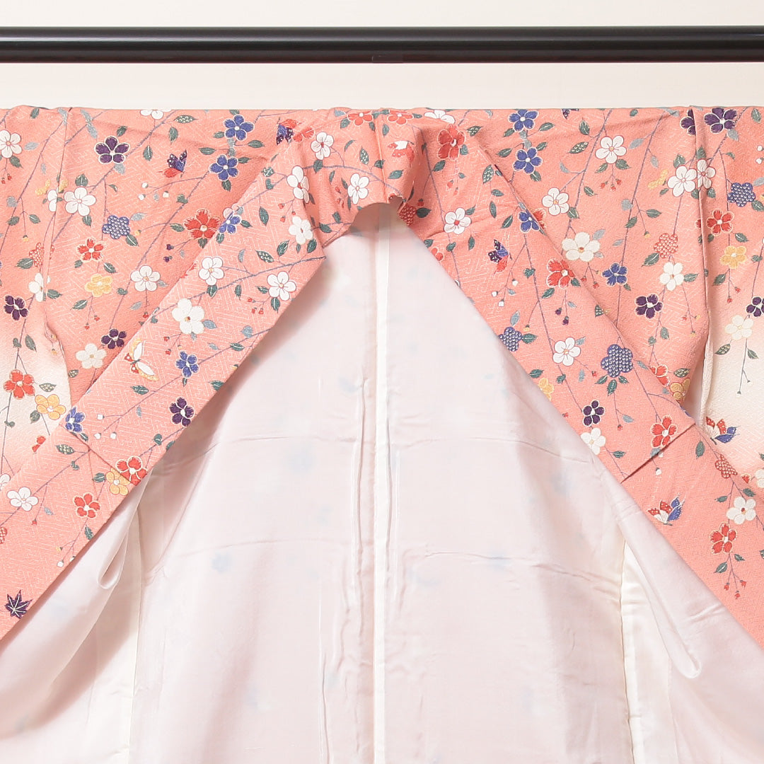 未使用品 訪問着 袷 身丈166cm 裄丈67cm 正絹 Sランク 紋意匠 (紗綾形) セミフォーマル 広衿 XLサイズ ぼかし染 金彩 しつけ糸 蝶 花柄 ピンク系 RP 1217-04567