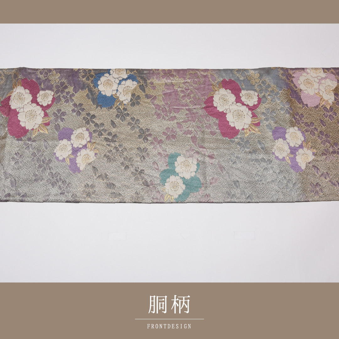 振袖用 袋帯 帯丈444cm 正絹 六通 ふくれ織 桜 銀系 1243-01232