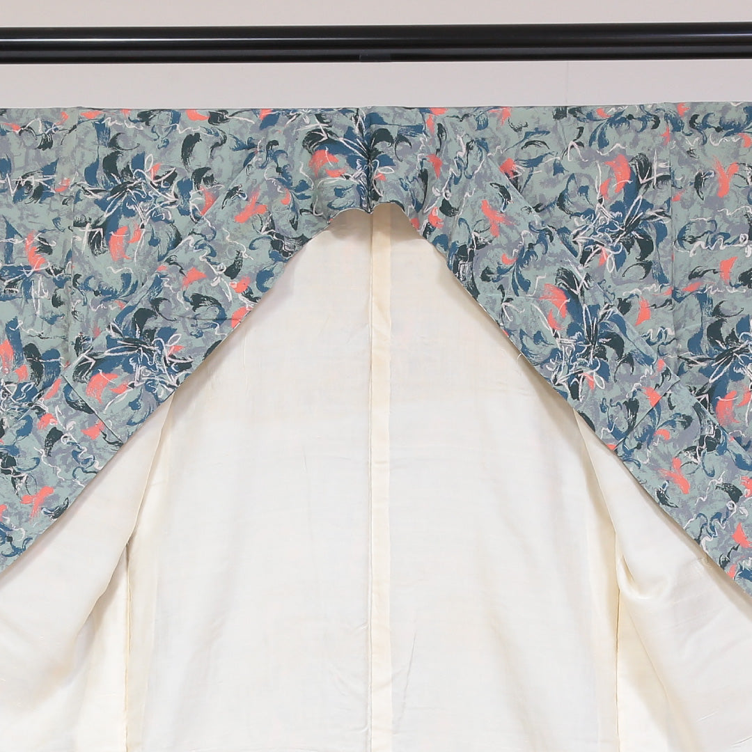 小紋 袷 身丈148cm 裄丈62cm 正絹 Sランク インフォーマル 広衿 XSサイズ 花柄 水色系 RP 1221-01752