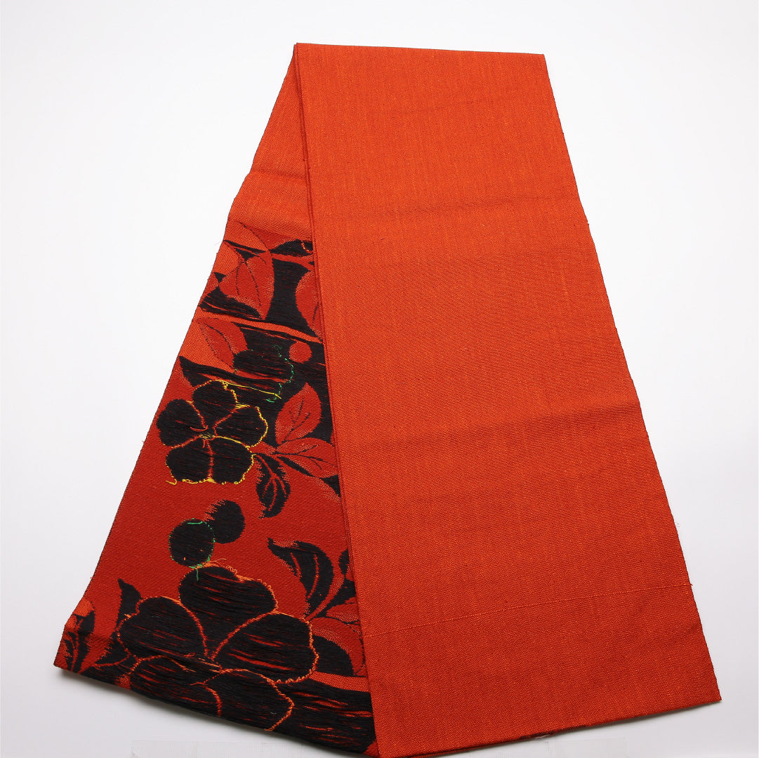 八寸名古屋帯 Sランク 帯丈362cm 正絹 六通 松葉仕立て 織り カジュアル 紬 芙蓉 朱系 LP 1245-01760