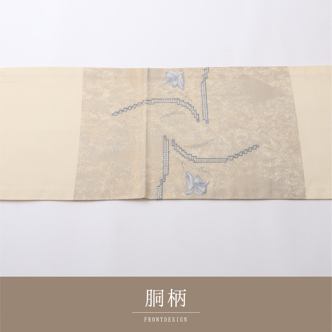 夏物 名古屋帯 六通 帯丈356cm カジュアル Bランク 正絹 紗 綴れ織 花柄 クリーム系 1224-02427