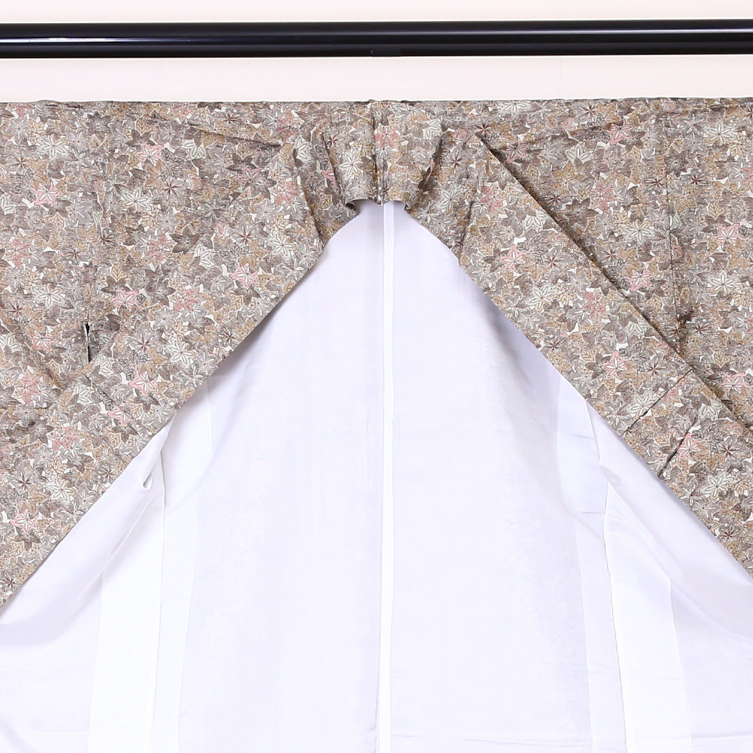 紬 袷 身丈155cm 裄丈62cm 正絹 Sランク カジュアル 広衿 Mサイズ 紅葉 楓 ベージュ系 RP 1223-03333