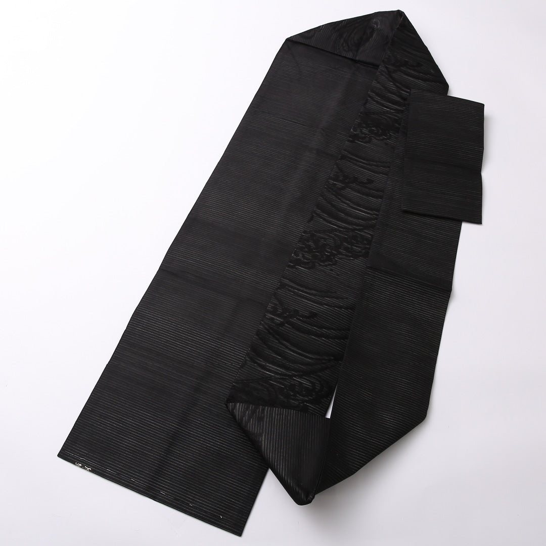 新古品 喪服帯 夏物 名古屋帯 六通 帯丈340cm 喪服帯 Nランク 正絹 絽 波頭 黒系 1224-02670
