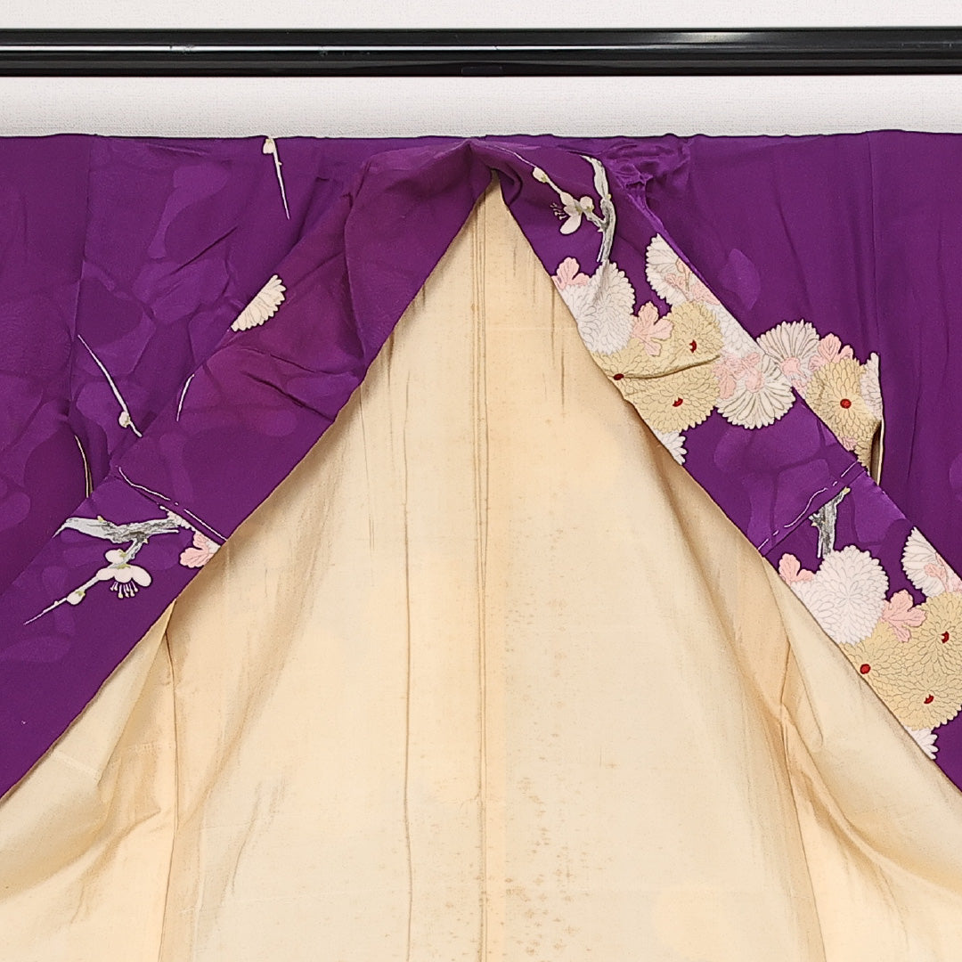 アンティーク 小紋 (錦紗) 袷 身丈142cm 裄丈63cm 正絹 Aランク 広衿 XSサイズ 菊 紫系 RP 1221-13658