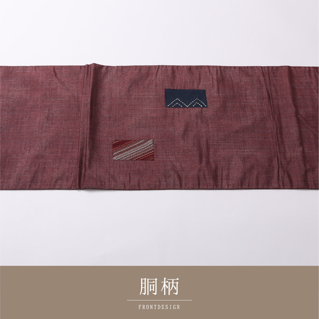 九寸名古屋帯 Aランク 帯丈352cm 正絹 ポイント柄 開き仕立て 織り カジュアル リバーシブル 紬 創作柄 紫系 RP 1245-02576