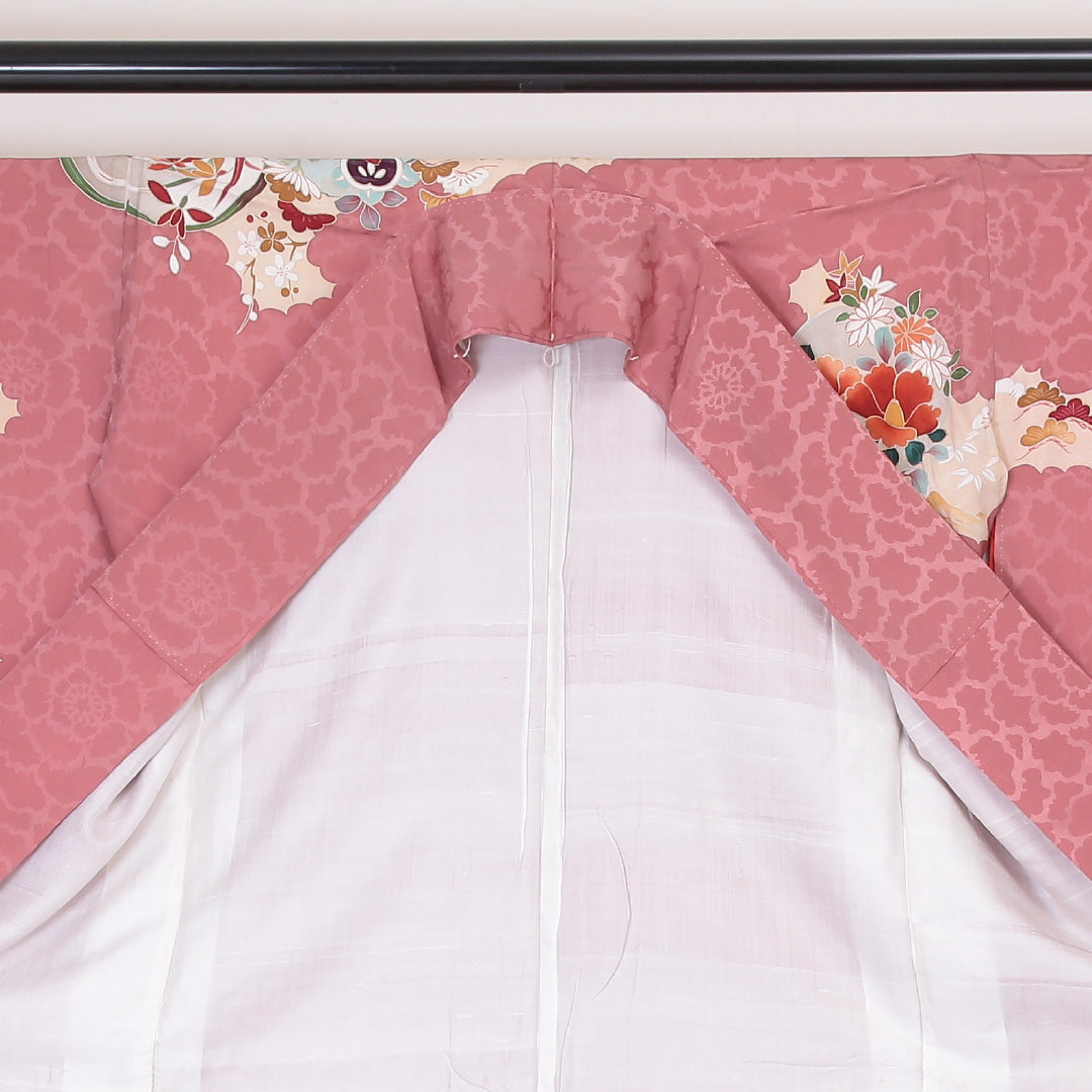 アンティーク 訪問着 (錦紗) 袷 身丈151cm 裄丈63cm 正絹 Aランク 紋意匠 (吉祥文様) 広衿 Sサイズ 花柄 吉祥文様 ピンク系 RP 1217-04501