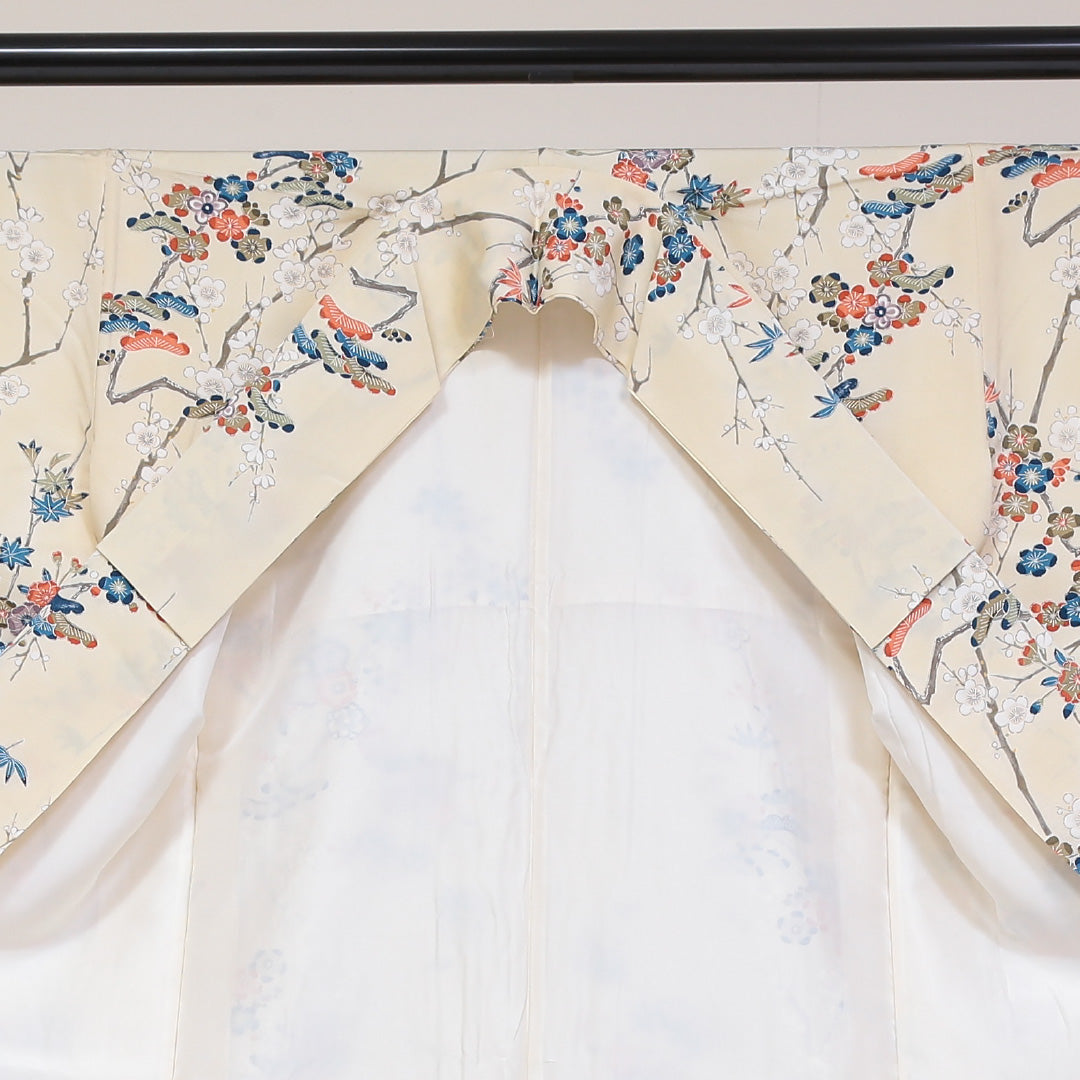 小紋 袷 身丈153cm 裄64cm クリーム系 梅 笠松 笹 紅葉 型染め 正絹 Aランク 1215-01771-3215