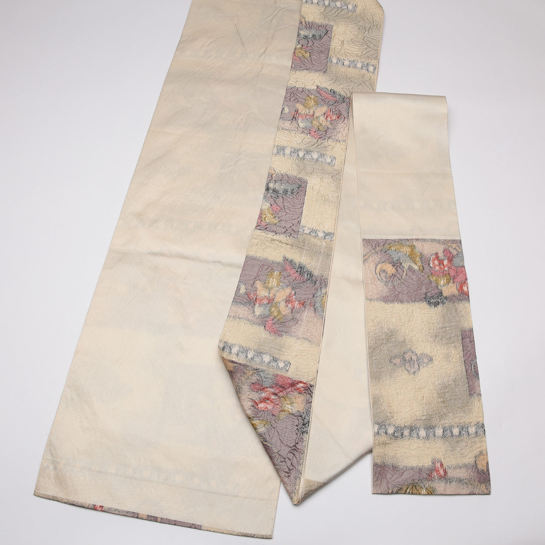 名古屋帯 帯丈348cm Sランク 名古屋仕立て 六通 ポリエステル 唐花 カジュアル ベージュ系 1224-01598