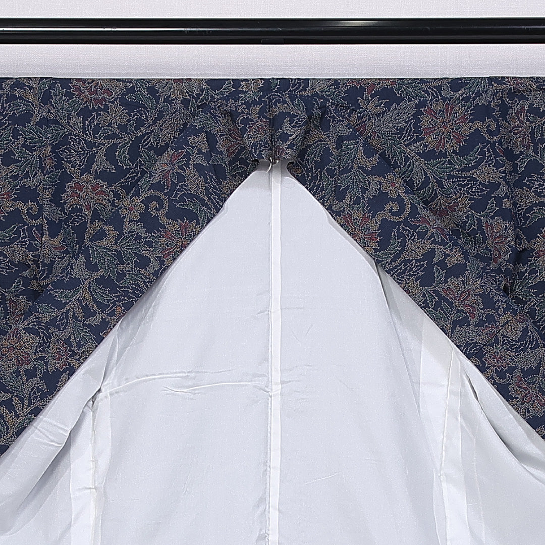 紬 袷 身丈162cm 裄丈64cm 正絹 Dランク カジュアル 広衿 Lサイズ 唐華 紺系 LP 1223-11302