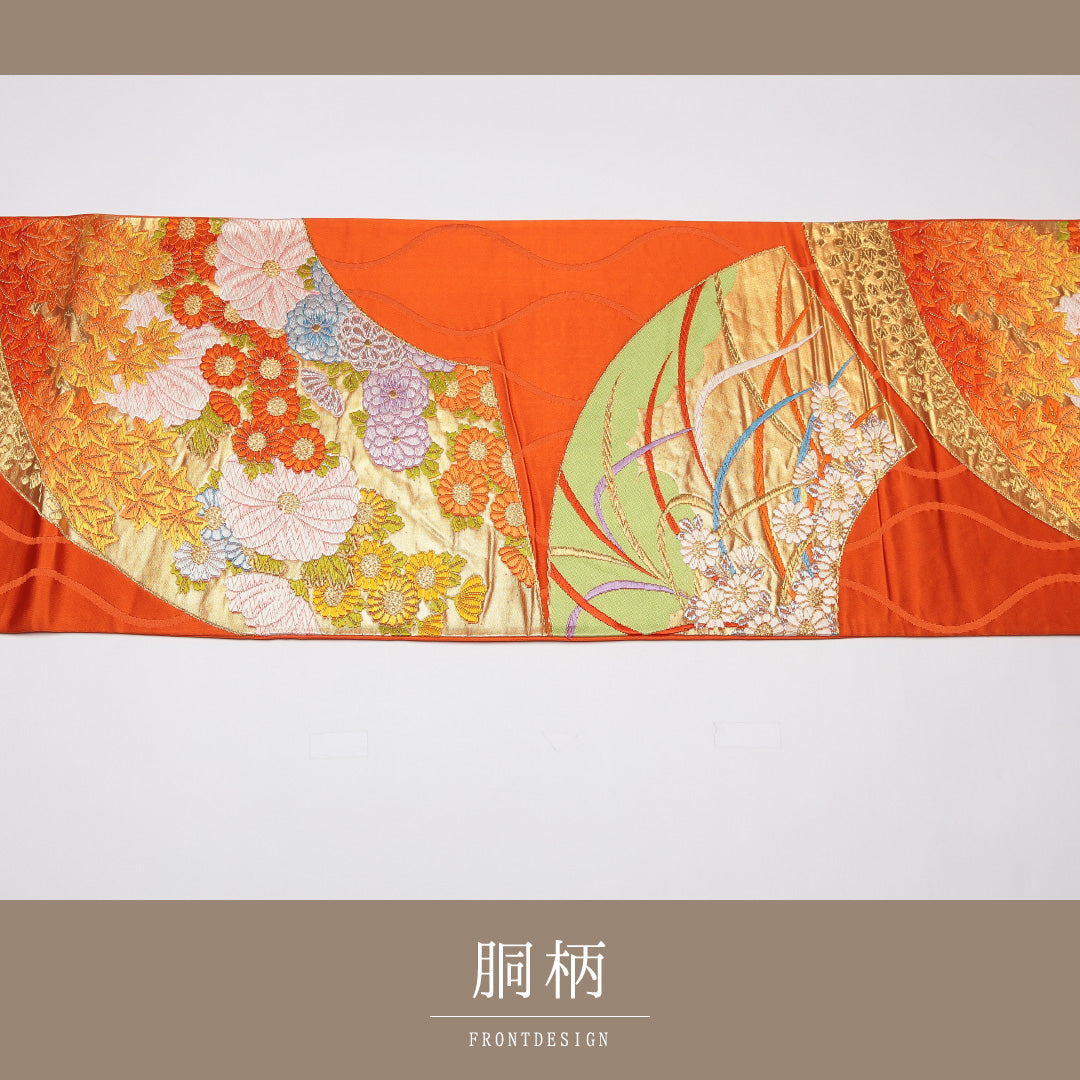 袋帯 帯丈420cm 六通 菊 紅葉 立涌 フォーマル 朱系 正絹 Aランク 1223-01195