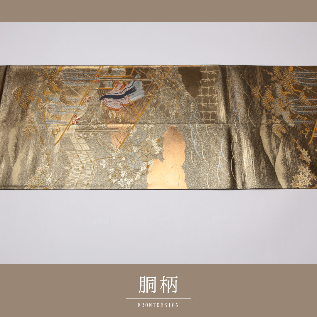 本金箔二重引錦 袋帯 帯丈428cm 六通 源氏物語 フォーマル 金系 正絹 尾島産業謹製 Sランク 1223-01139