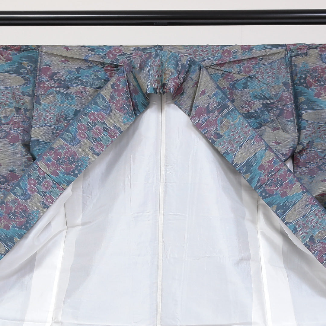 紬 袷 身丈150cm 裄63cm 正絹 青系 Sランク 色大島 1216-00711-2217