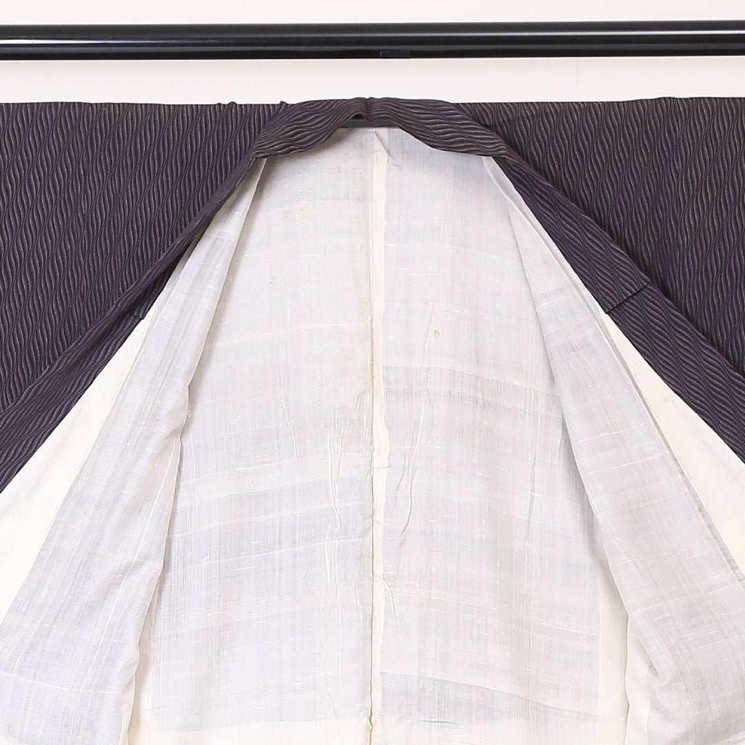 アンティーク お召 袷 身丈147cm 裄丈65cm 正絹 Aランク XSサイズ バチ衿 抽象柄 黒系 1265-01922