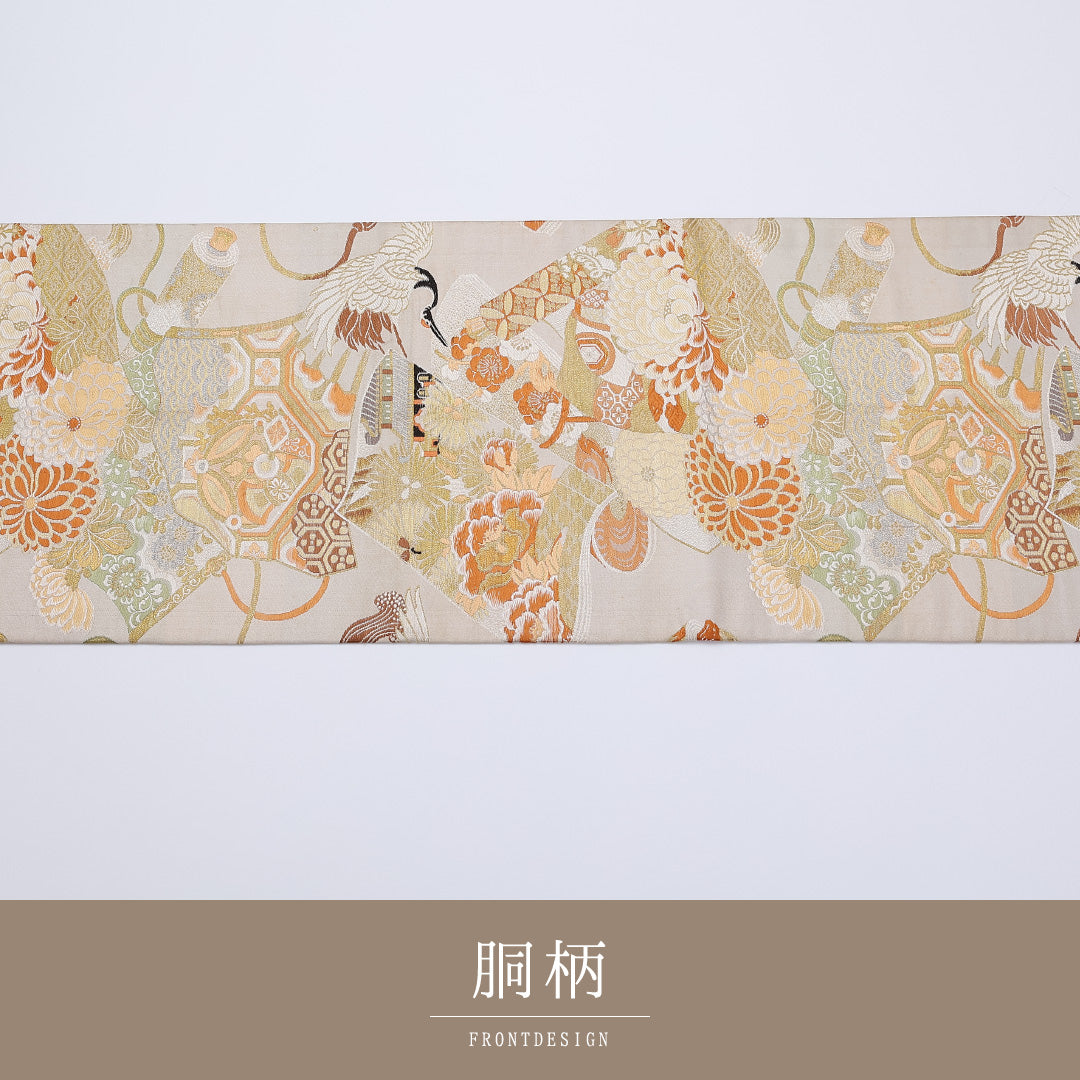 アンティーク 丸帯 帯丈408cm 正絹 全通 鶴 楼閣 クリーム系 1242-00907