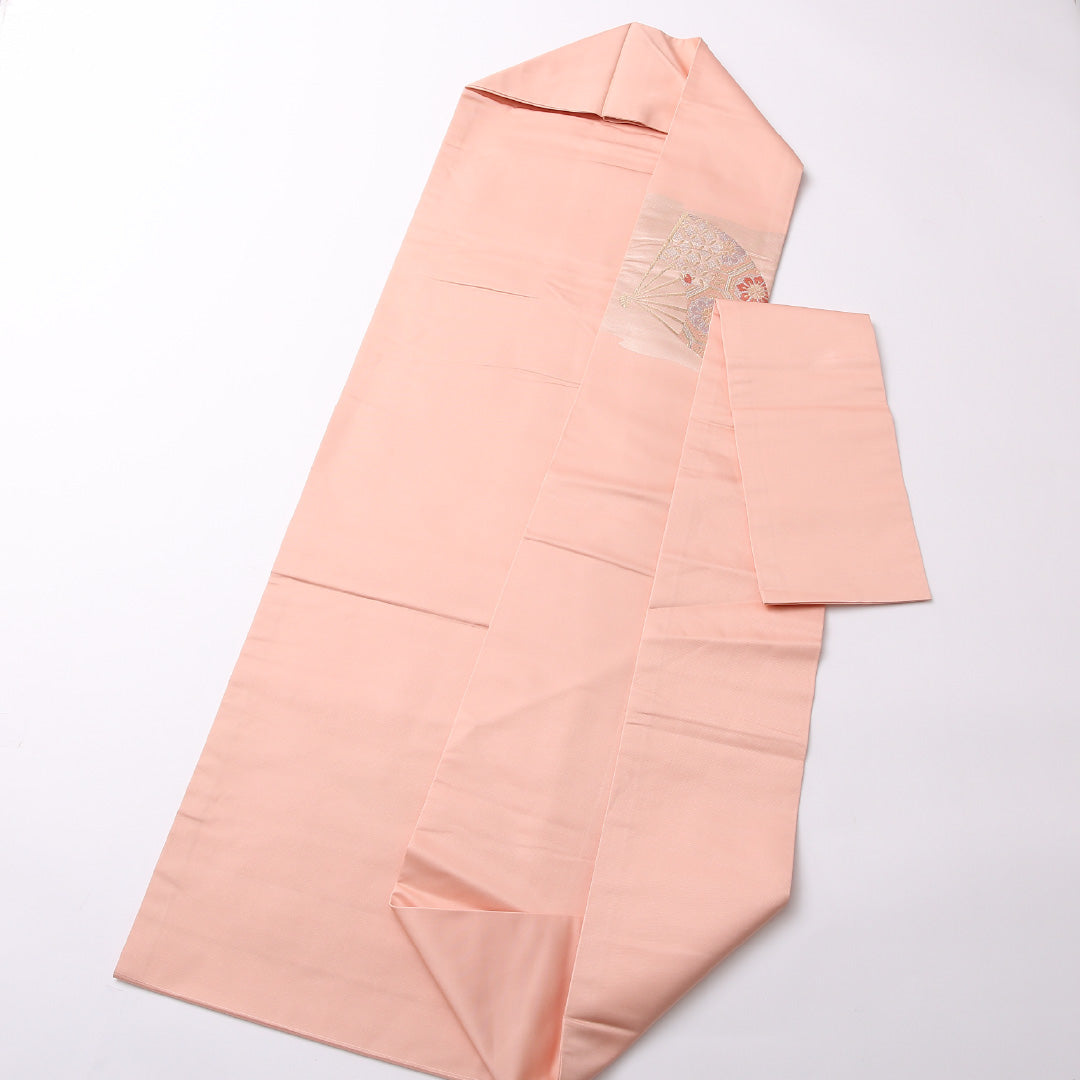 九寸 名古屋帯 帯丈355cm 名古屋仕立て 六通 Sランク セミフォーマル 正絹 吉祥文様 扇 上品 華やか ピンク系 1224-02781