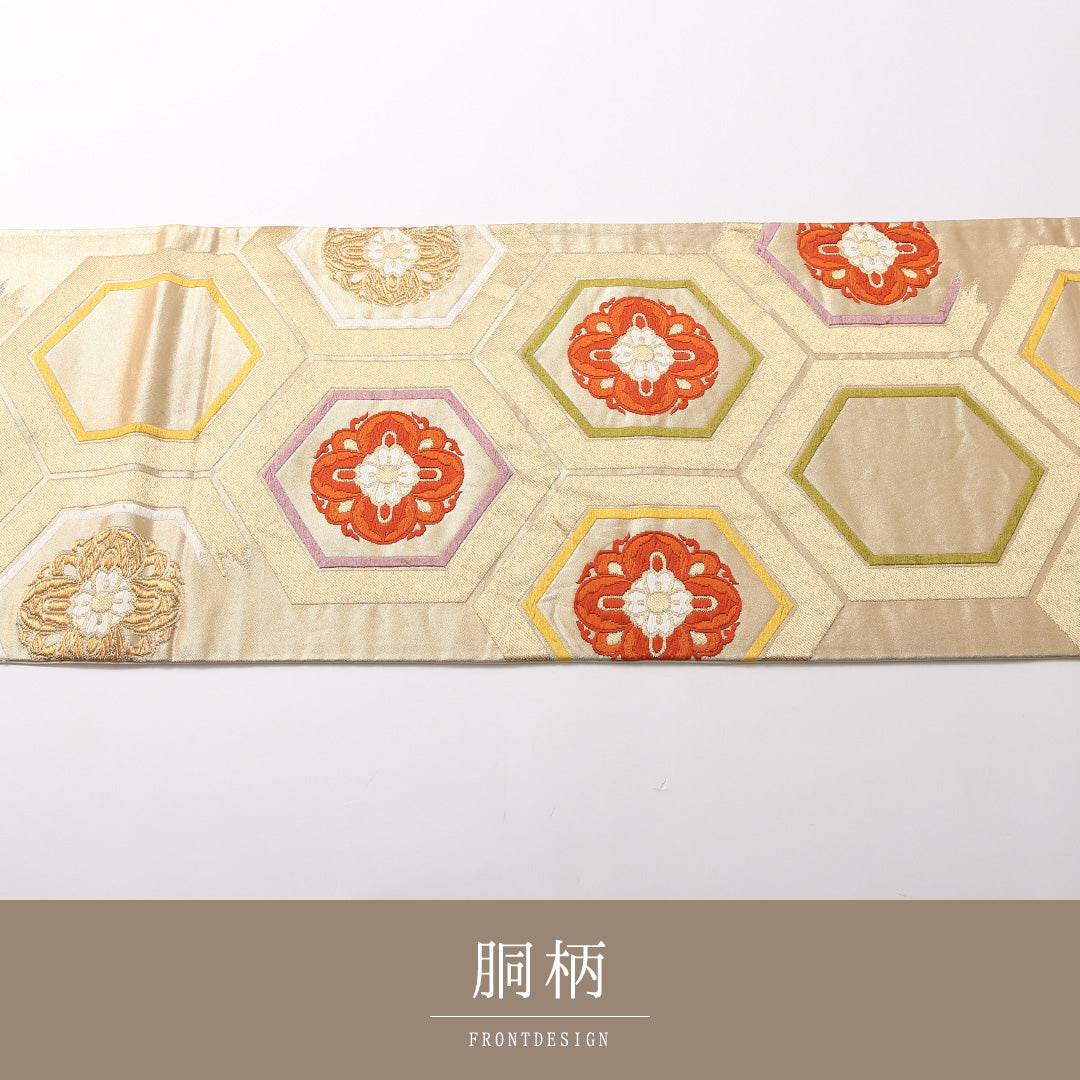袋帯 帯丈428cm 正絹 六通 フォーマル 唐織 花菱亀甲 金系 1243-01713