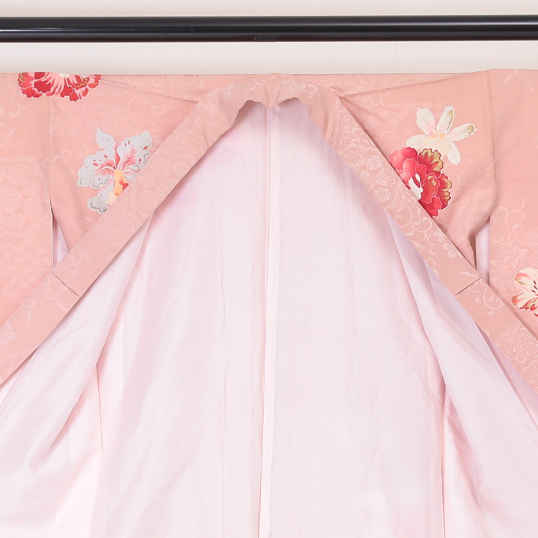 アンティーク 訪問着 袷 身丈148cm 裄丈66cm 正絹 Cランク 一つ紋 バチ衿 XSサイズ 金彩 薔薇 ピンク系 PO 1217-04493