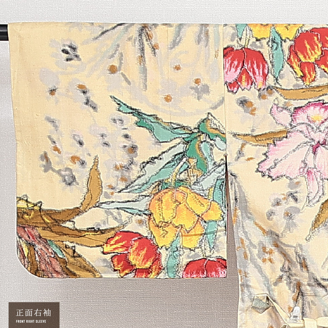 アンティーク 道中着 袷 身丈75cm 裄丈65cm 正絹 Bランク Mサイズ カサブランカ クリーム系 RP 1236-14644