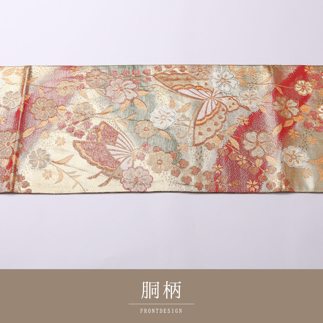袋帯 帯丈432cm 六通 フォーマル Sランク 正絹 リバーシブル 蝶 古典的 可愛らしい 金系 1223-01614
