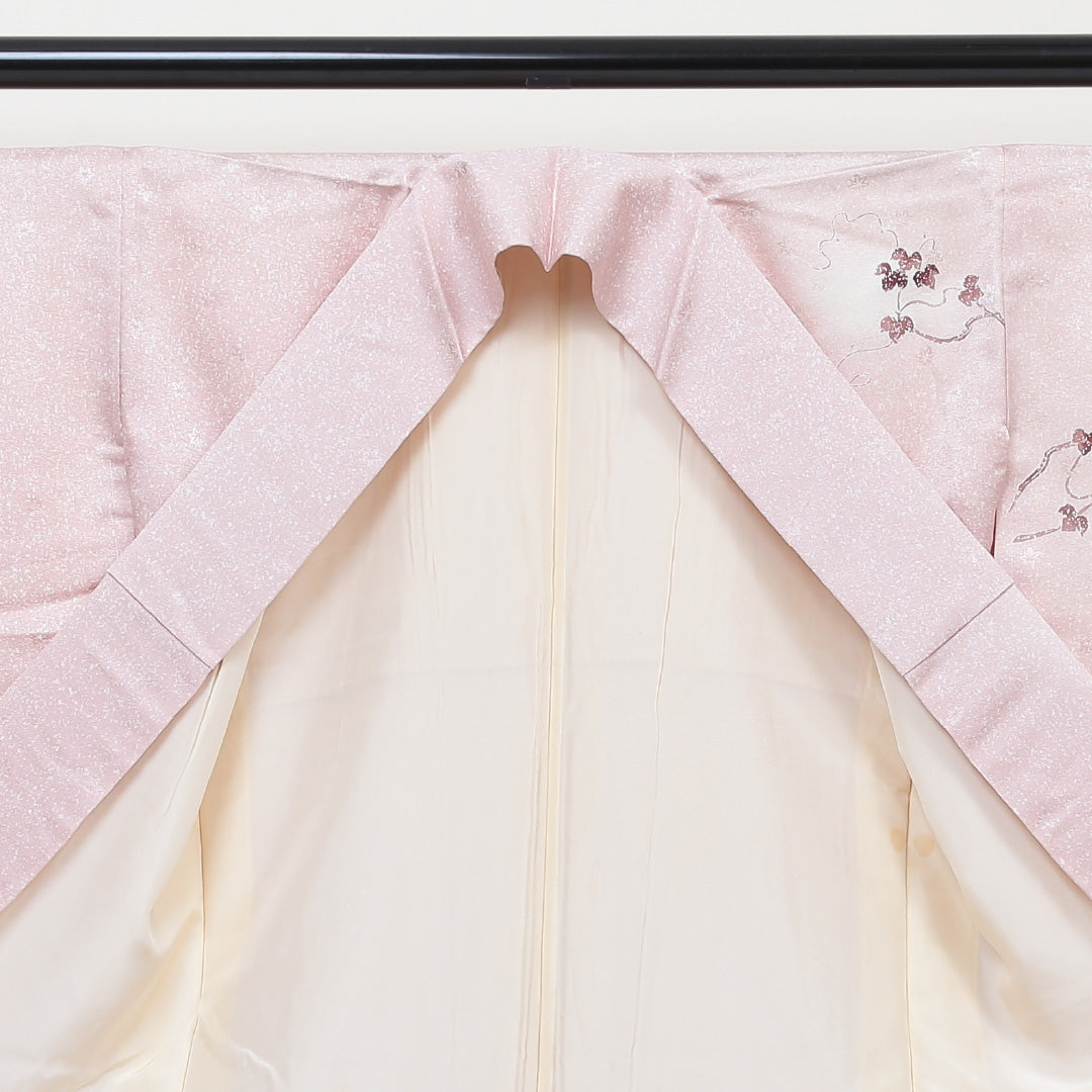 訪問着 袷 身丈162cm 裄丈64cm 正絹 Aランク 紋意匠 (紅葉) セミフォーマル 広衿 Lサイズ 刺繍 葡萄 ピンク系 PO 1217-04242