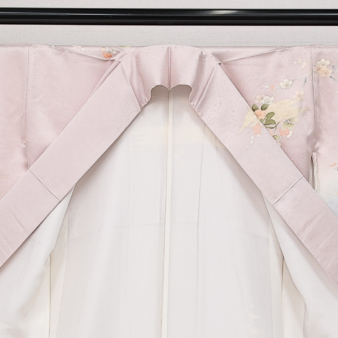 訪問着 袷 身丈160cm 裄丈67cm Sランク 正絹 広衿 Lサイズ 一つ紋(向かい蝶) セミフォーマル 蘇州刺繍 金彩 吉祥文様 上品 華やか ピンク系 紫系 1212-14247