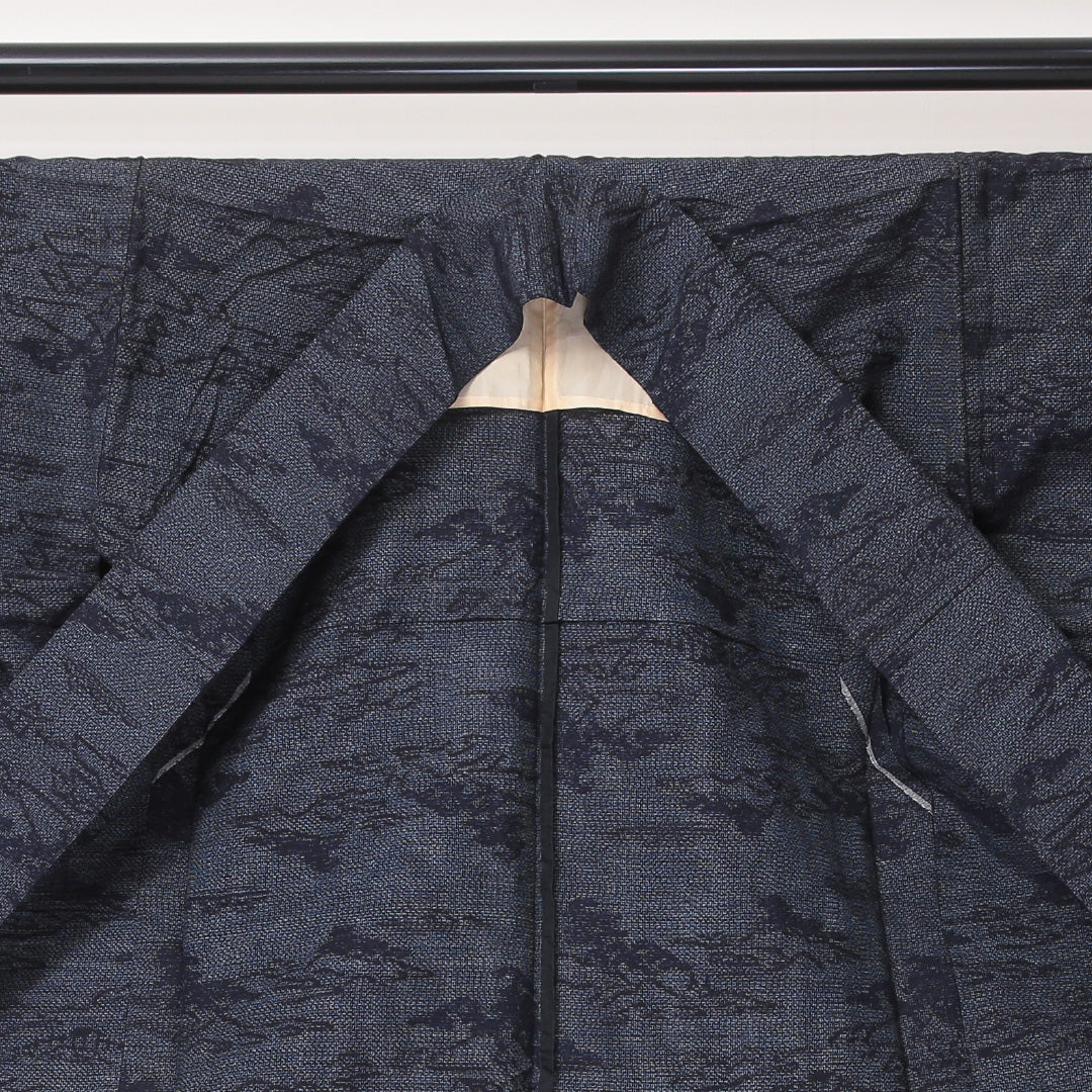 紬 単衣 身丈157cm 裄62cm 正絹 肩当て 山 グレー系 Bランク 1216-01099