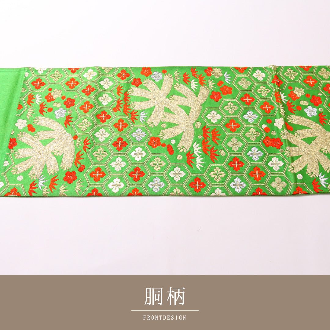 袋帯 帯丈422cm 六通 フォーマル Cランク 正絹 花菱亀甲 古典的 可愛らしい 緑系 1223-01728