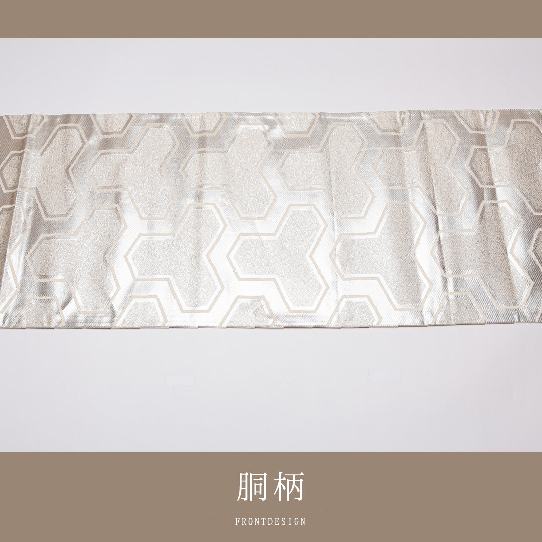 袋帯 帯丈428cm 正絹 六通 セミフォーマル 毘沙門亀甲 銀箔 銀系 1243-01173