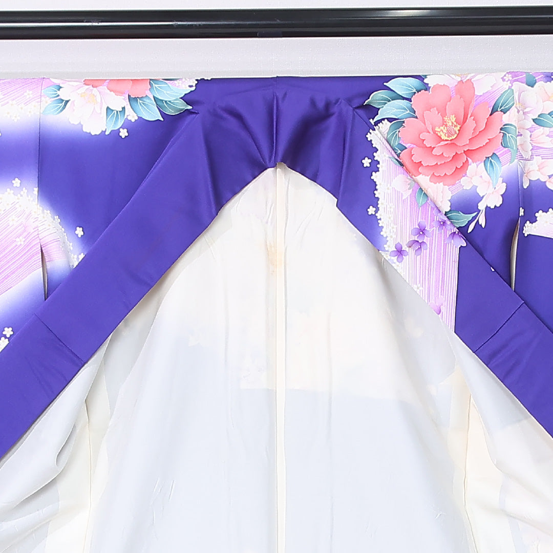 振袖 身丈157cm 裄丈63cm Cランク 袷 正絹 L 広衿 エレガント 牡丹 花柄 友禅 紫系 1213-F0440
