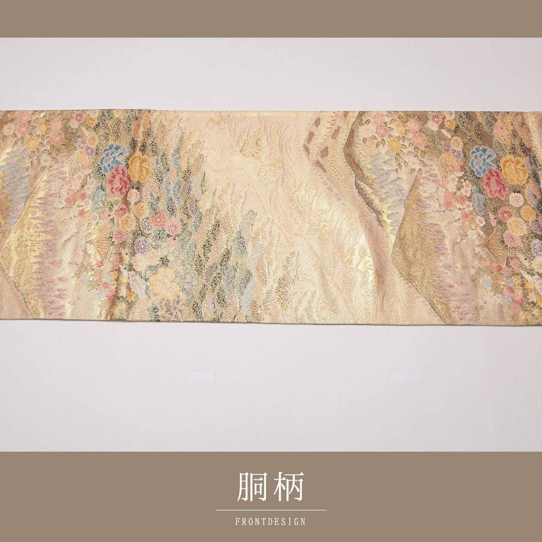 袋帯 帯丈436cm 正絹 六通 フォーマル 寺社 四季山野 金系 1243-01276