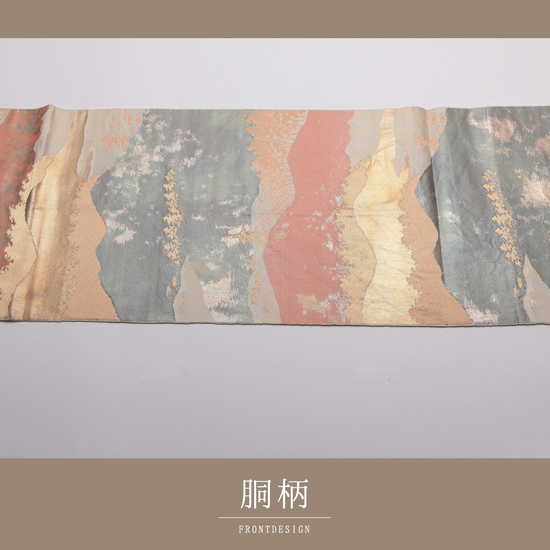 袋帯 帯丈422cm 正絹 六通 川島織物 セミフォーマル こはく錦 寺社 遠山 落款 クリーム系 1243-01332