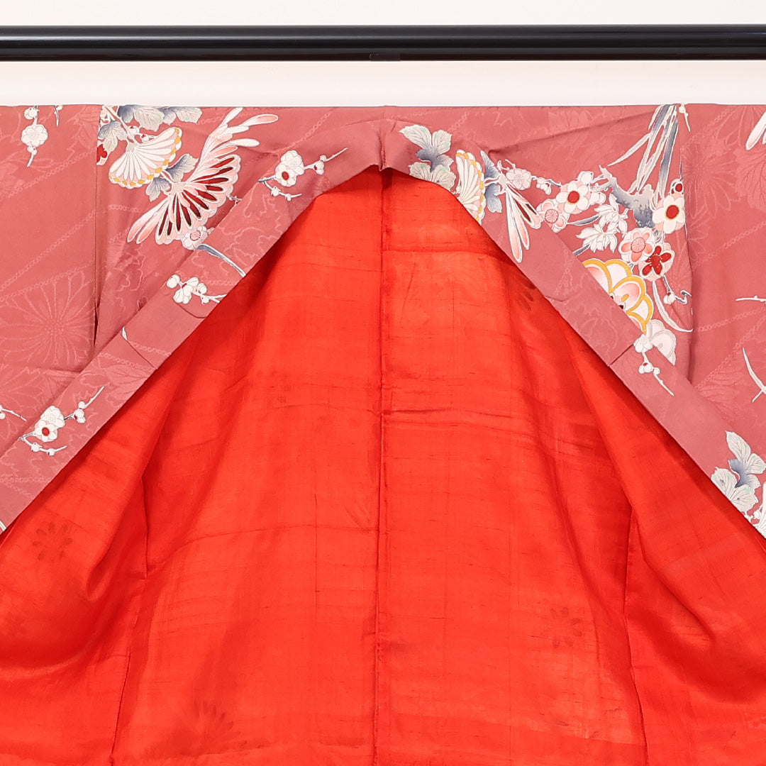 アンティーク 小紋 袷 身丈154cm 裄62.5cm 正絹 梅や菊 ピンク系 Cランク 1215-02299