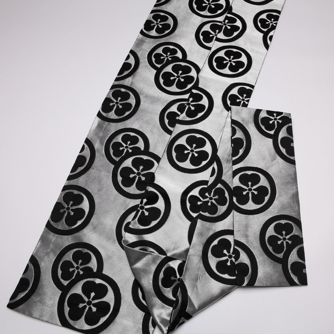 名古屋帯 帯丈362cm Sランク 名古屋仕立て 六通 正絹 家紋柄 舞台用 セミフォーマル グレー系 1224-01605