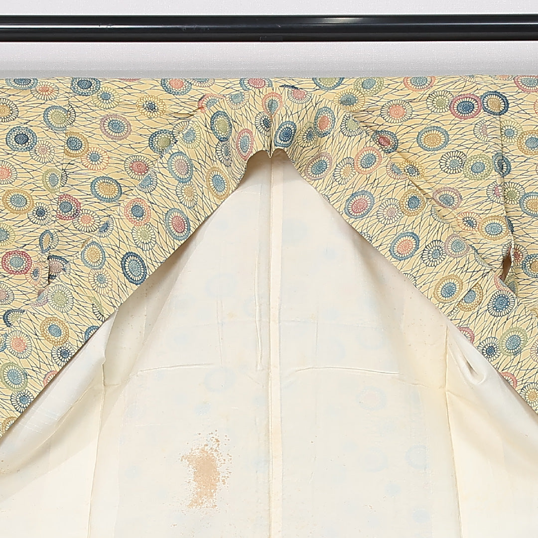 小紋 袷 身丈148cm 裄丈60cm 正絹 Bランク インフォーマル 広衿 XSサイズ 芝草 菊 黄系 HP 1221-11965