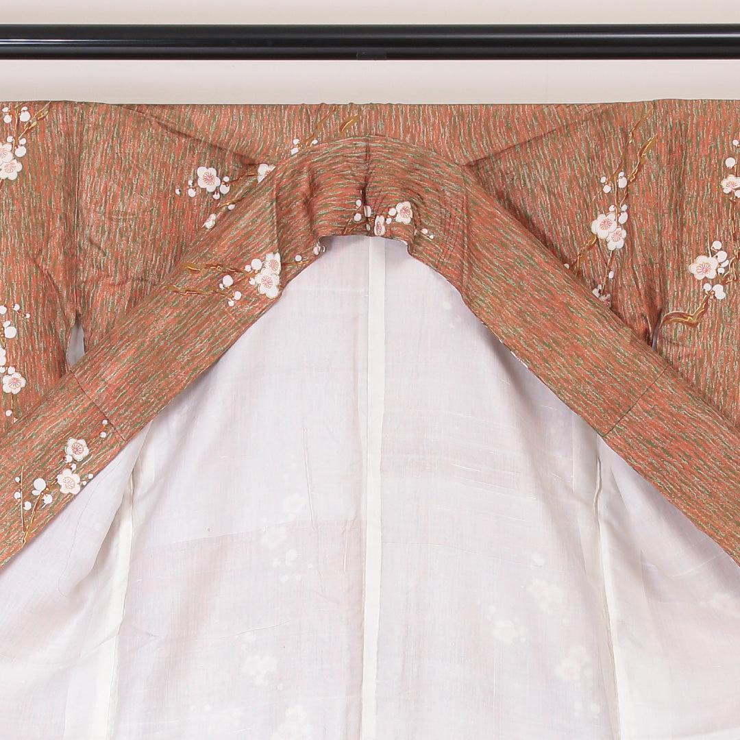 アンティーク 小紋 袷 身丈147cm 裄丈65cm 正絹 Aランク XSサイズ 広衿 梅 朱系 紫系 1215-02093