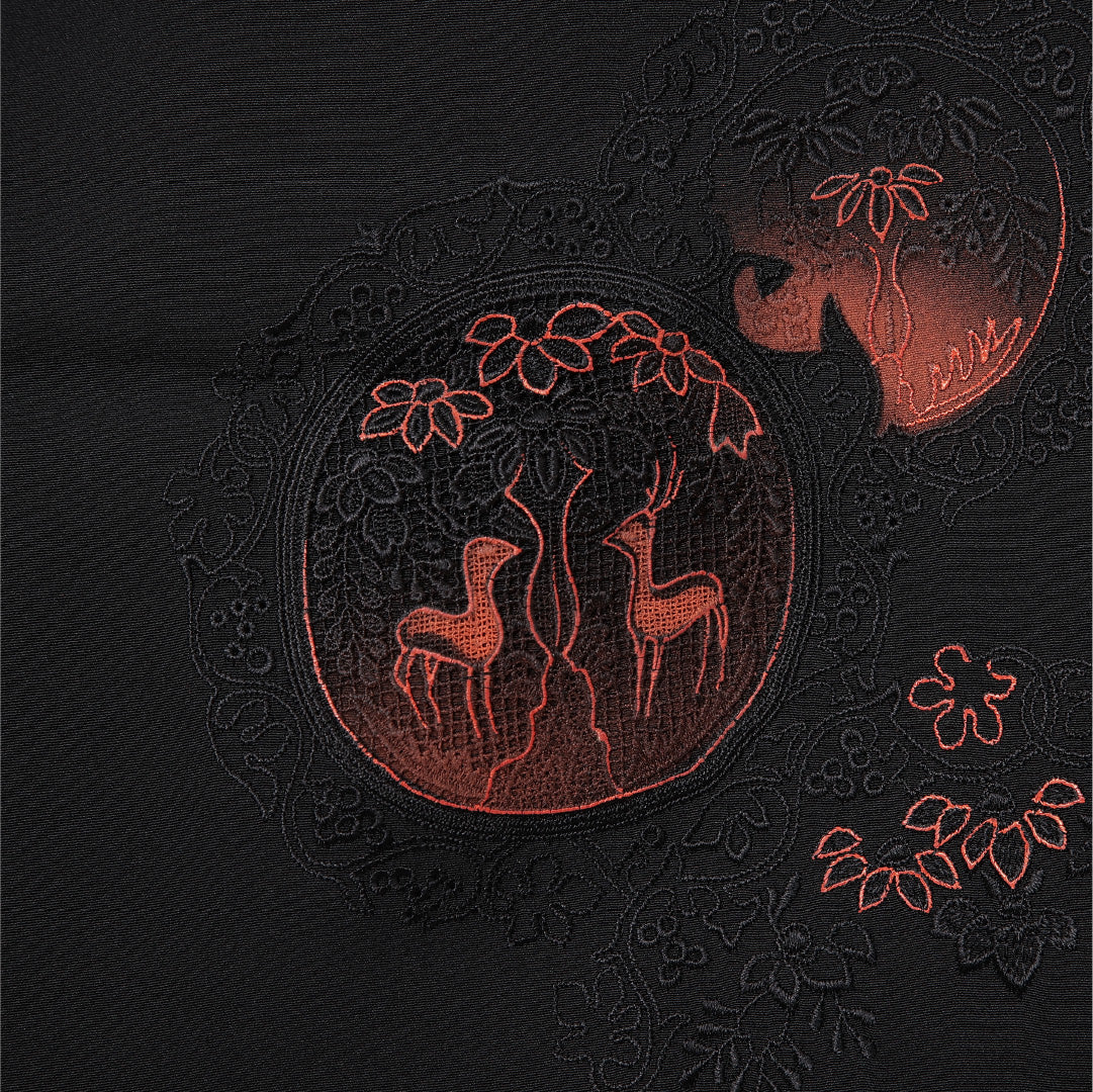黒羽織 袷 身丈80cm 裄丈64cm 正絹 Cランク インフォーマル Mサイズ 刺繍 鹿 黒系 HP 1233-12924