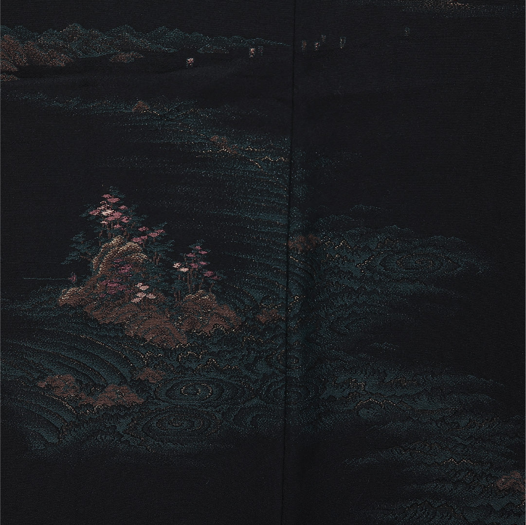 羽織 身丈78cm 裄丈62.5cm S 正絹 Aランク 袷 黒羽織 絵羽羽織 漆糸 山水 1217-11163