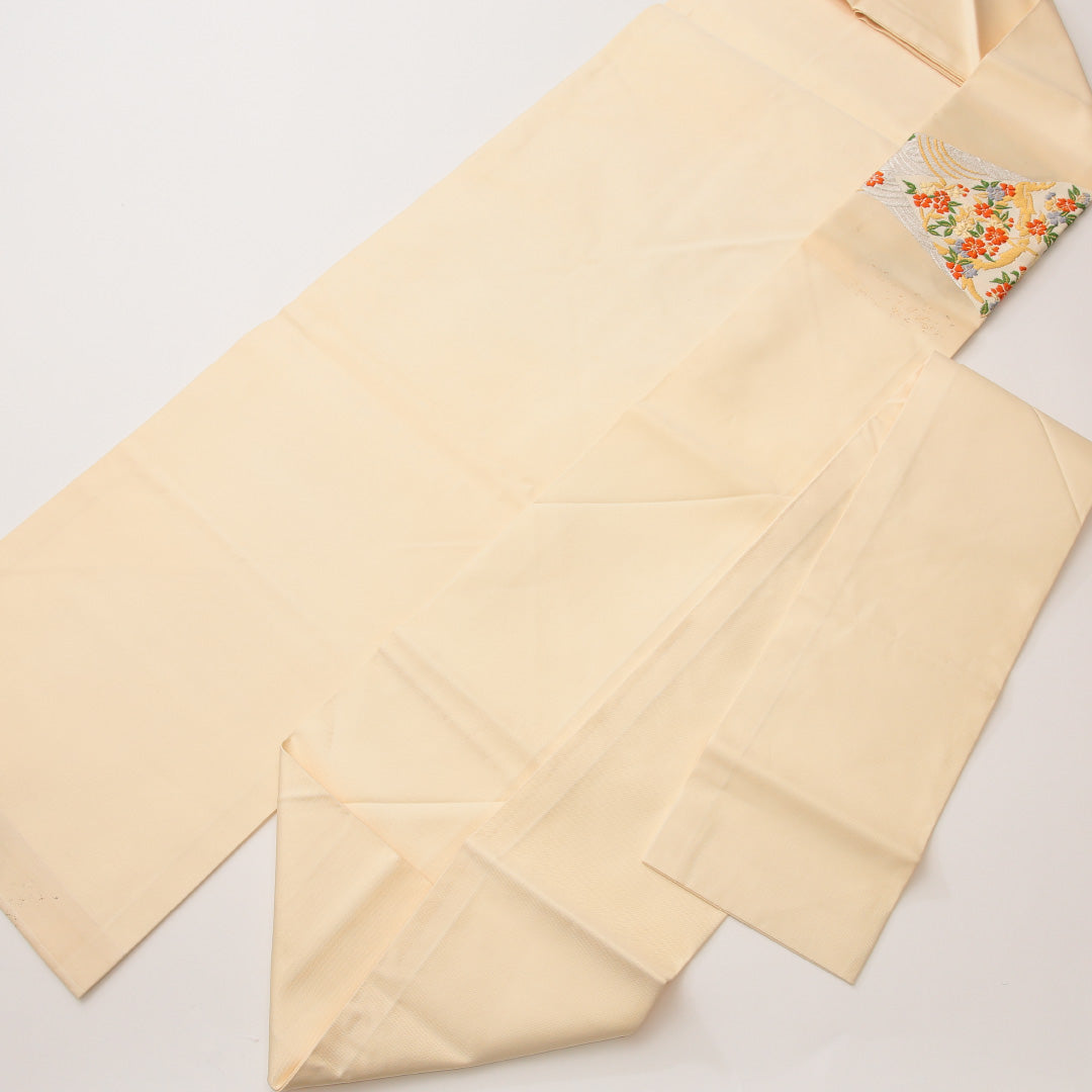 九寸名古屋帯 帯丈357cm セミフォーマル 名古屋仕立て ポイント柄 Sランク 正絹 花柄 クリーム系 1224-02007