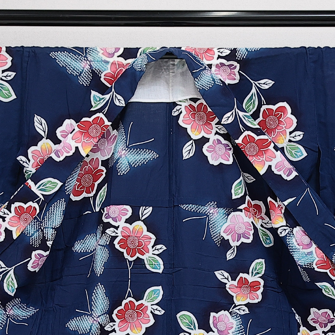 浴衣 夏物 洗える着物 身丈148cm 裄丈65cm Aランク 木綿 バチ衿 XSサイズ カジュアル 花柄 可憐 落ち着き 紺系 1218-14277