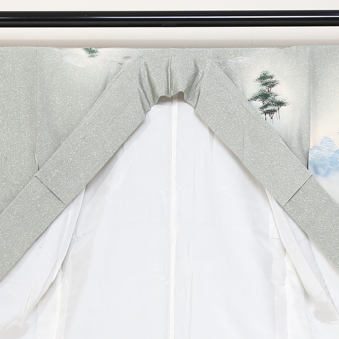 訪問着 袷 身丈155cm 裄丈65cm 正絹 Bランク セミフォーマル 広衿 Mサイズ 風景柄 緑系 HP 1217-04424