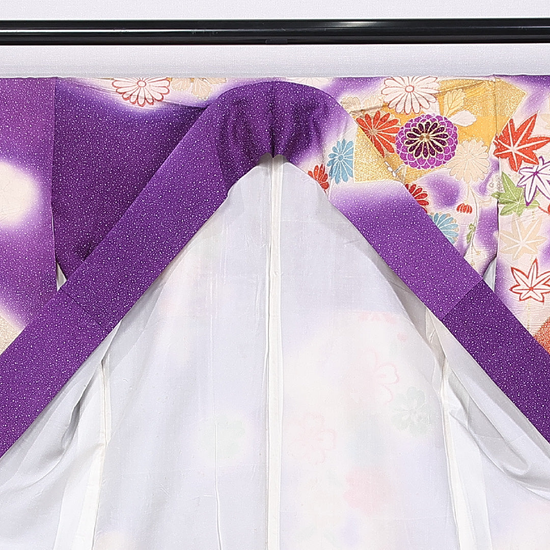 振袖 身丈157cm 裄丈65cm 袷 正絹 Cランク 広衿 菊 梅 紅葉 金駒刺繍 扇 1213-F0391
