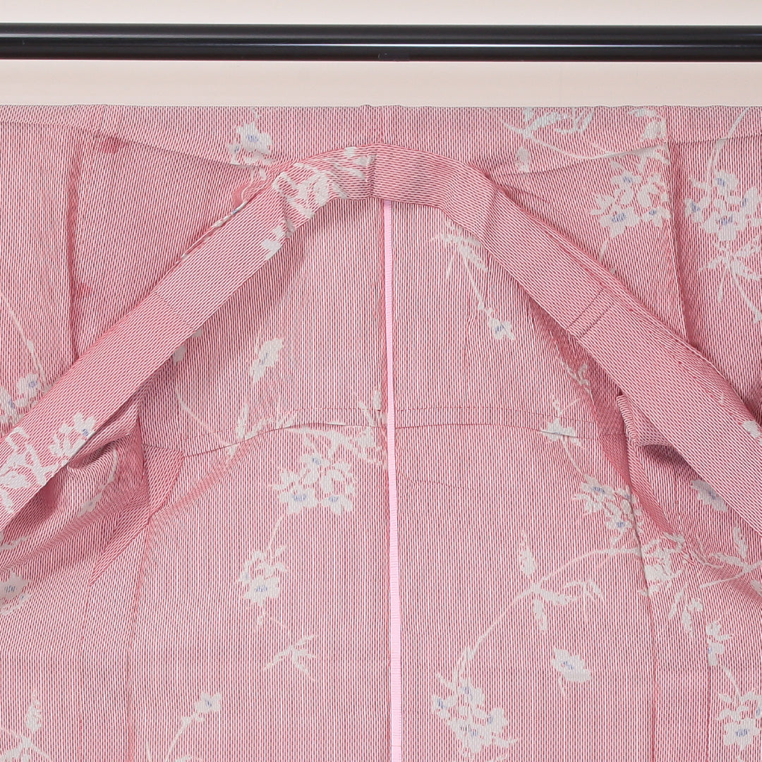 紬 夏紬 身丈140cm 裄62cm 正絹 ボタニカル 赤系 Bランク 1216-00976