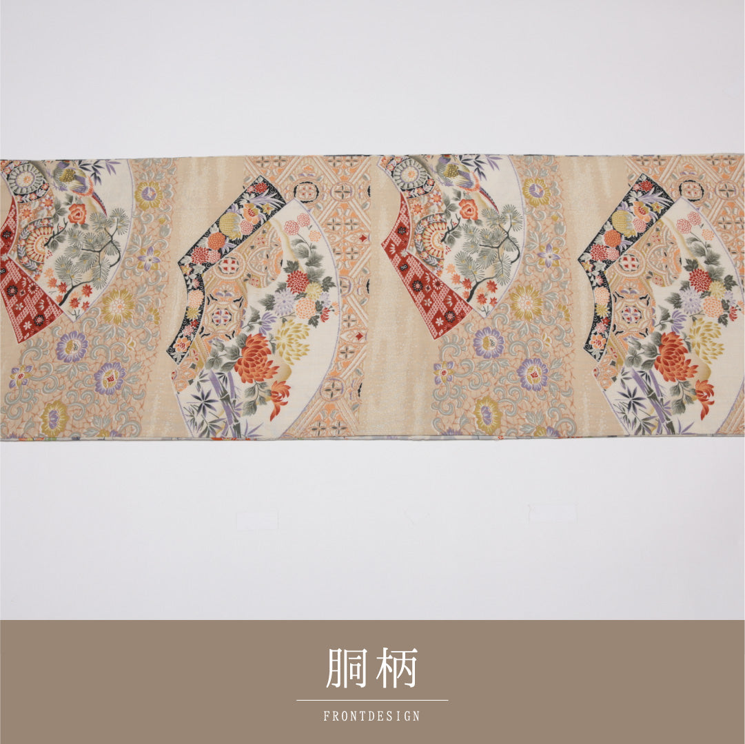 アンティーク 名古屋帯 帯丈360cm Aランク 開き仕立て 全通 木綿 檜扇 唐花 桜 リバーシブル セミフォーマル クリーム系 1224-01589