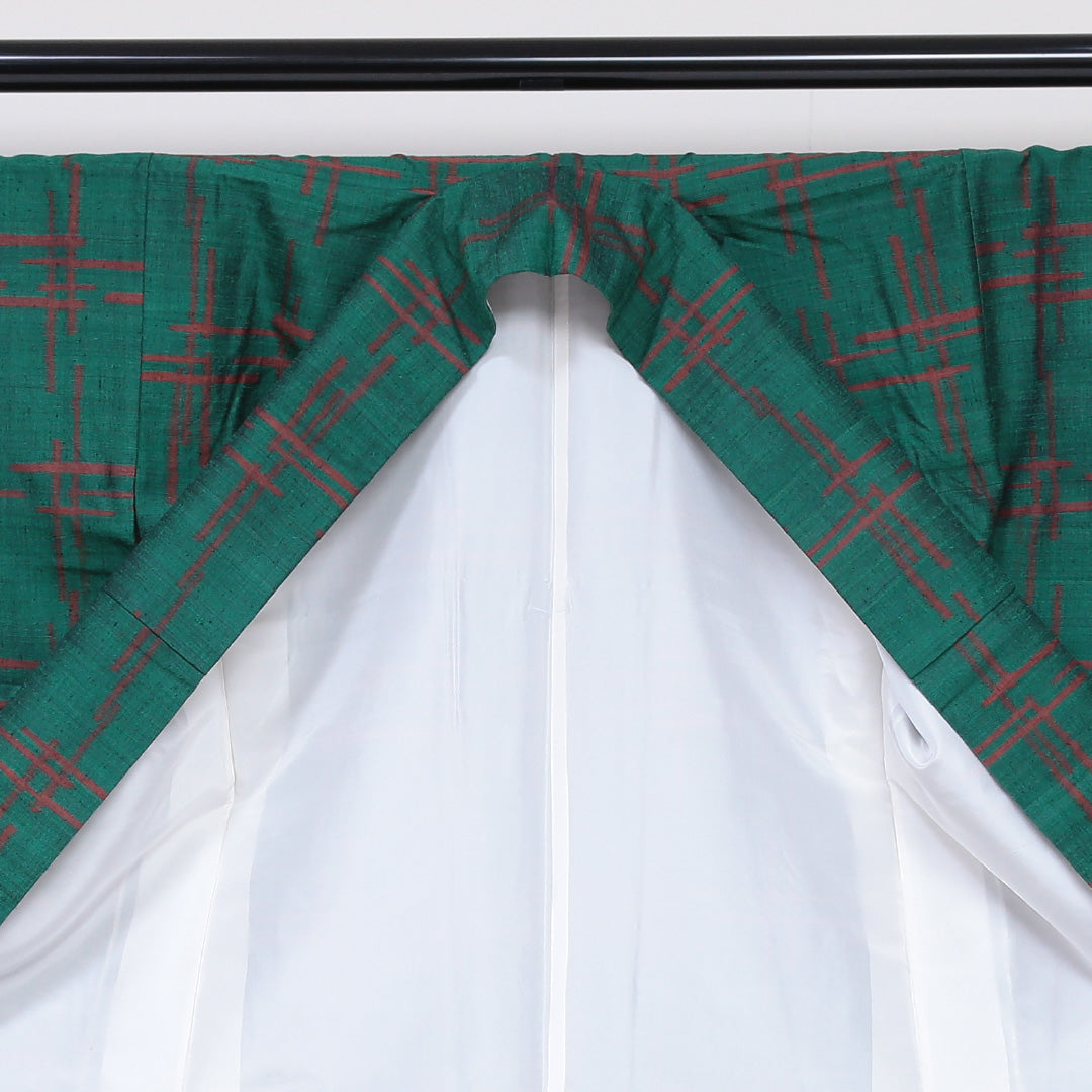 紬(真綿紬) 袷 身丈157cm 裄丈62cm 正絹 Sランク Mサイズ 広衿 カジュアル 創作柄 緑系 1216-03161