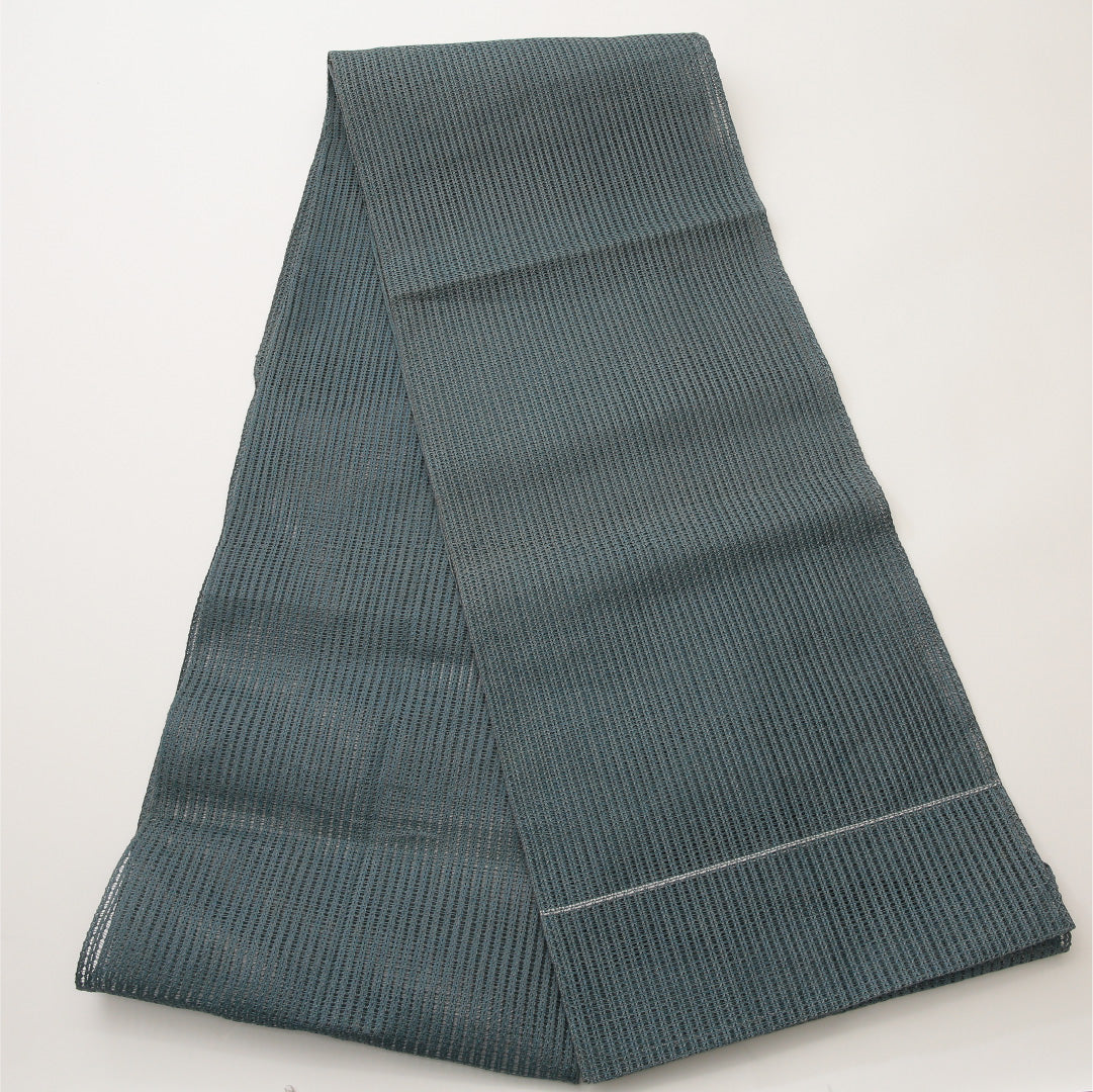 夏物 名古屋帯 全通 帯丈369cm カジュアル Cランク 正絹 羅 無地 しつけ糸 グレー系 1224-02022