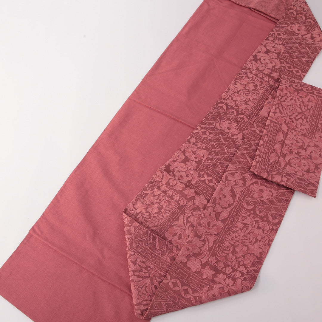 九寸名古屋帯 帯丈341cm カジュアル 名古屋仕立て 全通 Sランク 正絹 花柄 ピンク系 1224-03191