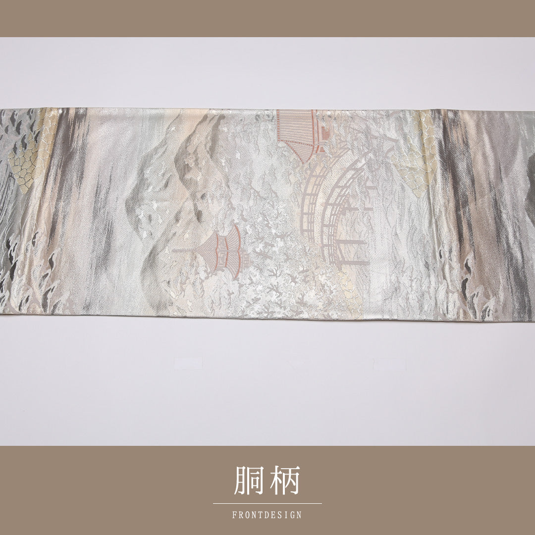 袋帯 帯丈432cm 六通 京洛百景 フォーマル セミフォーマル 緑系 正絹 Aランク 1223-01088