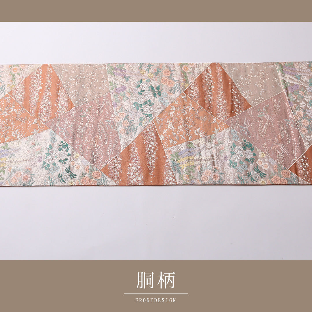 袋帯 帯丈442cm 六通 フォーマル Sランク 正絹 尾長鳥 藤 古典的 華やか 朱系 1223-01593