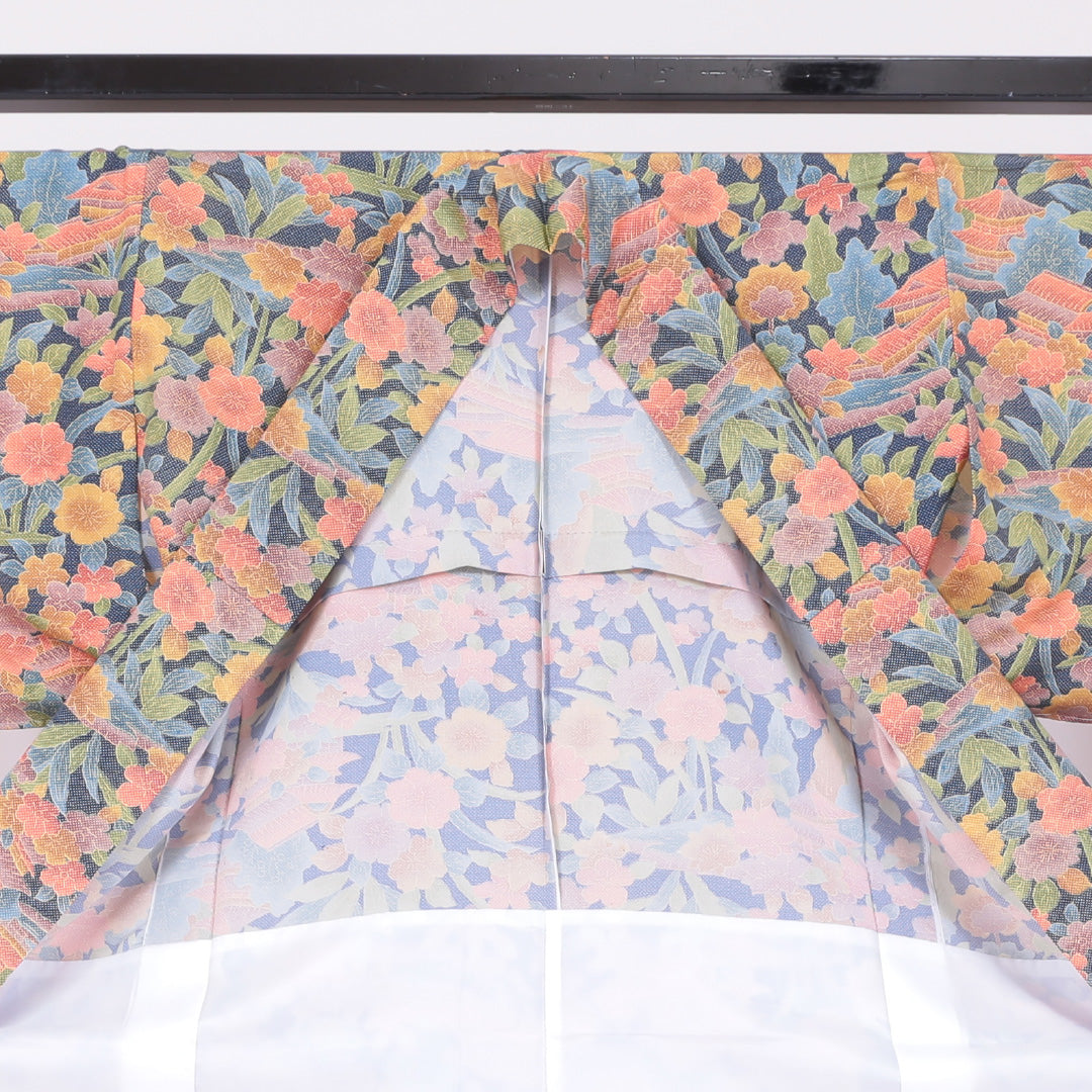 小紋 袷 身丈157cm 裄63cm 紺系 ボタニカル 楼閣 花柄 洗える着物 Sランク 1215-00080-2318