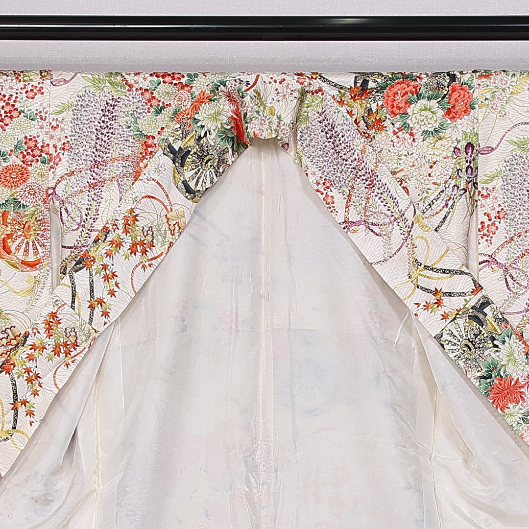 振袖 身丈164cm 裄丈64.5cm 袷 正絹 Sランク 広衿 花車 組紐 扇子 藤 紅葉 菊 1213-F0360